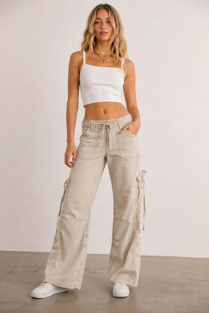 Ethyl Women's Beige Cargo Pants Wide Leg Utility Tie Pocket Boho Y2K Size 4